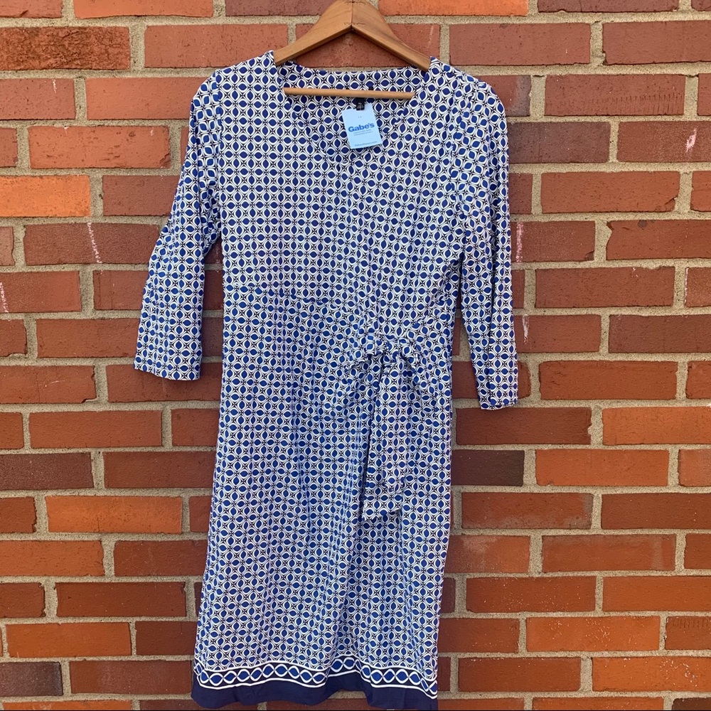 New White, blue and black geometric pattern faux wrap 3/4 sleeve career dress- M
